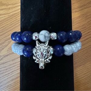 Wolf charm on Stone bead bracelets